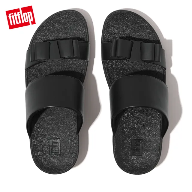 【FitFlop】ROSA BOW LEATHER SLIDES蝴蝶結造型皮革雙帶涼鞋-女(靓黑色)