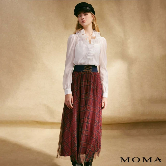 MOMA 英倫風牛仔拼接格紋網紗裙(紅色)