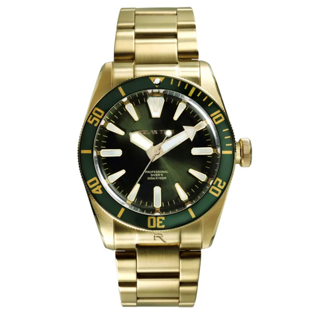 【Relax Time】海神系列 300米潛水機械腕錶 金x綠 RT-77-6-1