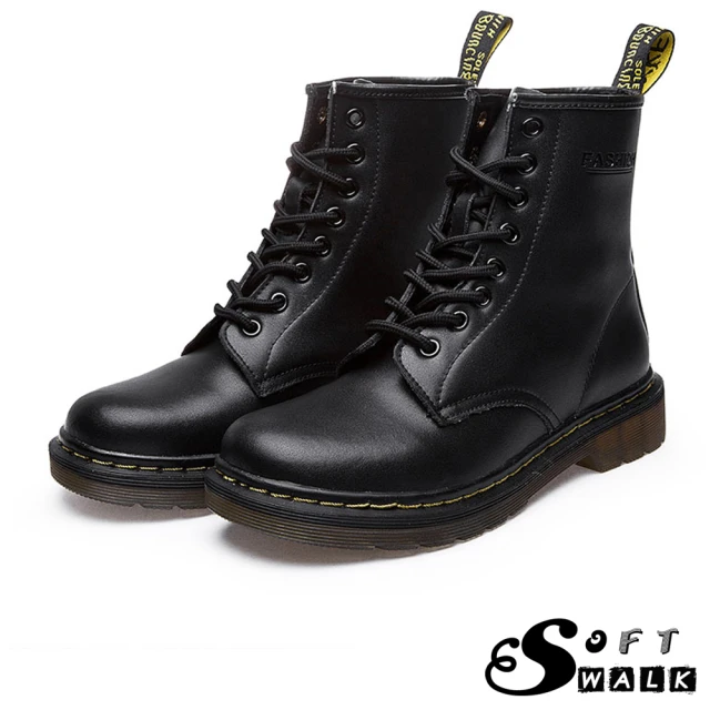 【SOFT WALK 舒步】歐美經典款8孔綁帶真皮馬丁靴 短靴 工程靴(黑)