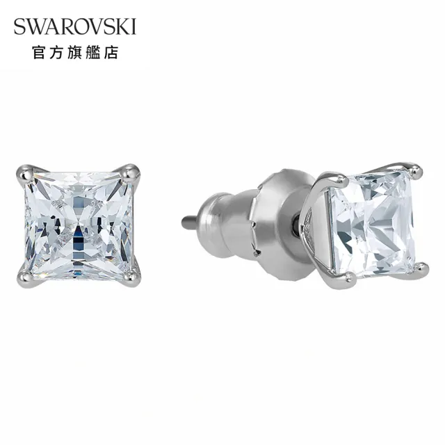 【SWAROVSKI 官方直營】Attract 白金色方形璀璨寶石穿孔耳環(線上獨家)