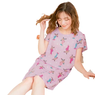 【lingling】PA4079全尺碼-滿版麋鹿點點棉質短袖連身裙睡衣(俏皮淺紫)