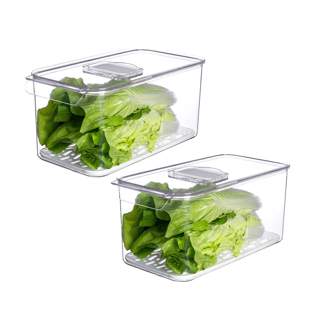 【YOUFONE】廚房冰箱透明蔬果收納瀝水保鮮盒兩件組-L(31.5x16.3x14.5)