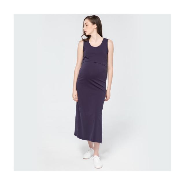 【Gennies 奇妮】彈力哺乳洋裝-紫(哺乳衣 無袖哺乳衣 連身長裙 長洋裝 開衩 上掀哺乳)