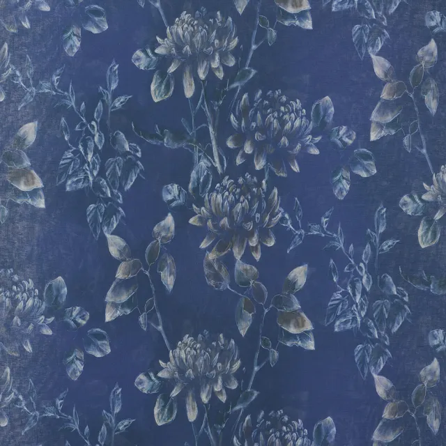 【伊美居】大麗花透光印花單層落地窗紗 - 單片130x230 cm - 共2片 - 經典藍