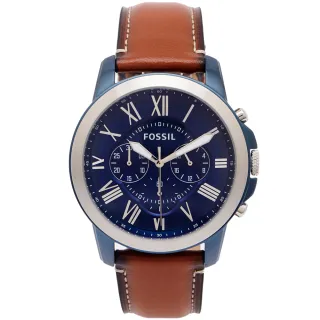 【FOSSIL】羅馬優雅風計時皮帶手錶-藍面X咖啡色/44mm(FS5151)