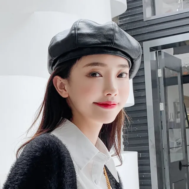 【Acorn 橡果】韓系仿皮復古畫家帽貝蕾帽八角帽南瓜帽遮陽帽1702(黑色)
