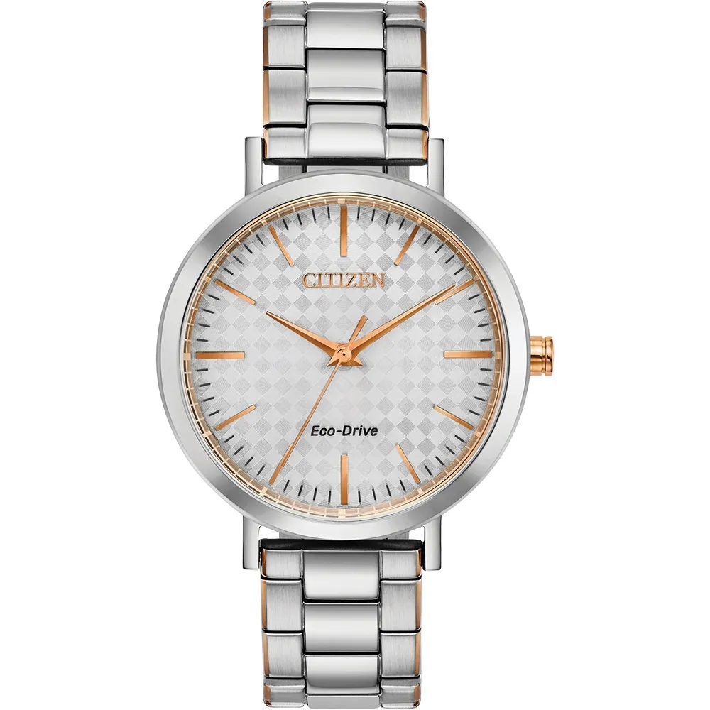 【CITIZEN 星辰】PAIR 對錶格紋經典鋼帶錶女款36.5mm銀(EM0766-50A)