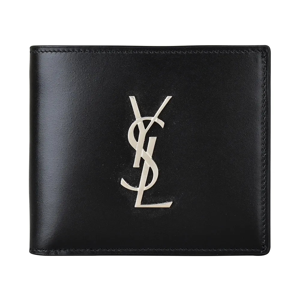 【YSL】YSL Monogram銀字LOGO小牛皮8卡對折短夾(黑)