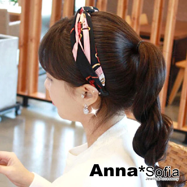 【AnnaSofia】韓式寬髮箍髮飾-緞面鎖鏈圖騰 現貨(黑粉系)