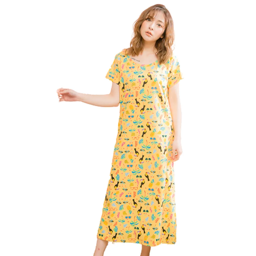 【lingling】PA4084全尺碼-長版熱帶雨林滿版棉質短袖連身裙睡衣(活力黃)