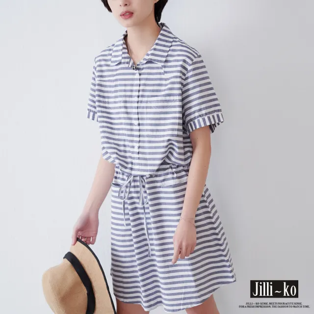 【JILLI-KO】買一送一 百搭拼接條紋收腰洋裝-M/L/XL(黑白條紋)