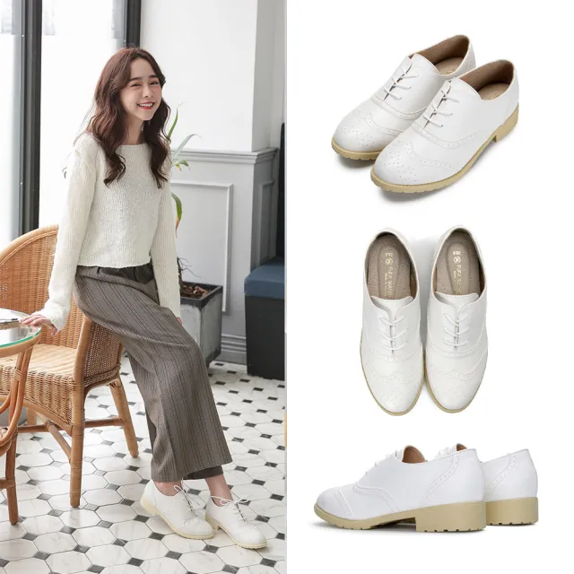 【FUFA Shoes 富發牌】牛津百搭質感低跟鞋-白 FE77(女鞋/牛津鞋/樂福鞋/面試鞋)