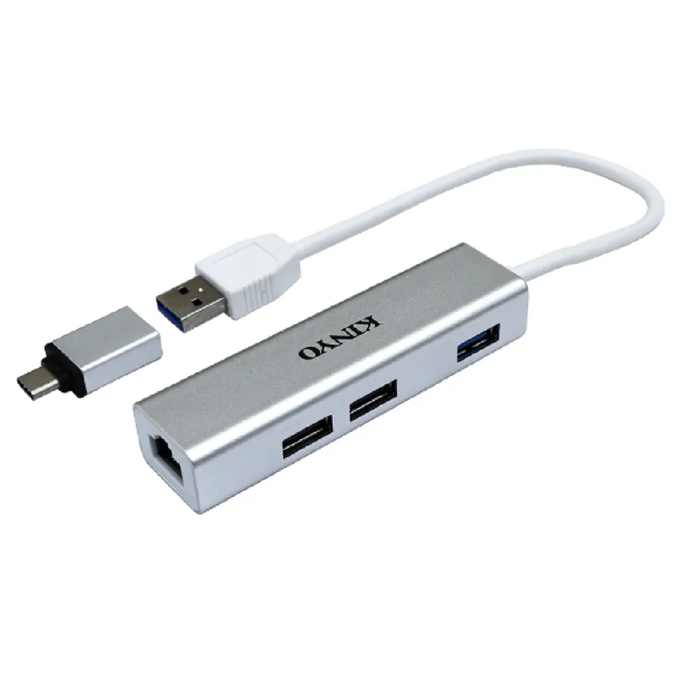 【KINYO】USB3.0+ RJ45鋁合金集線器(HUB-23)