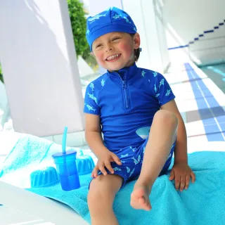 【德國Playshoes】抗UV防曬短袖兩件組兒童泳裝-鯊魚(認證UPF50 泳衣+泳褲)