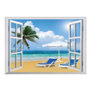 【kiret】開窗造型防水壁貼 假窗 無窗戶化解風水開運牆貼 無敵海景沙灘-50x70-kiret(壁貼 牆貼)