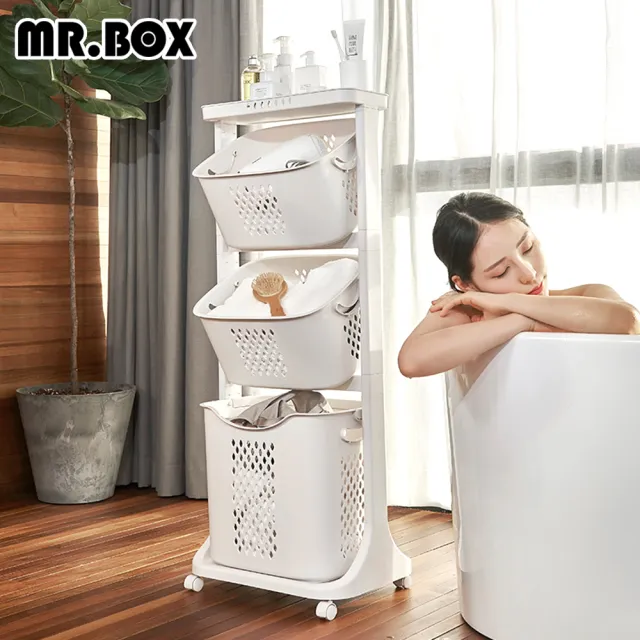 【Mr.Box】雙向取物洗衣分類收納籃-三層(附輪)