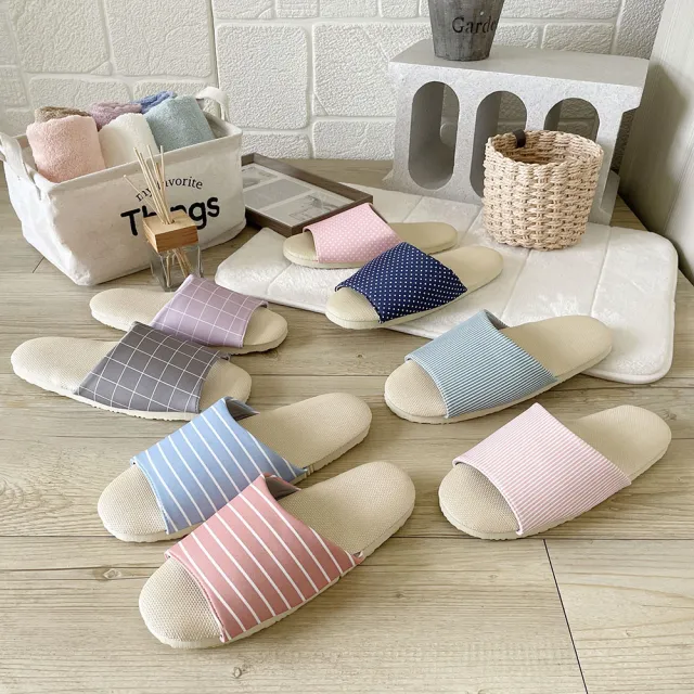 【iSlippers】台灣製造-療癒系-舒活草蓆室內拖鞋(深藍圓點)