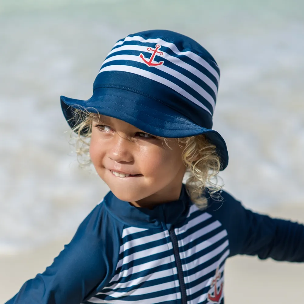 【德國Playshoes】嬰兒童抗UV防曬水陸兩用漁夫帽-海軍風(護頸遮脖遮陽帽泳帽)