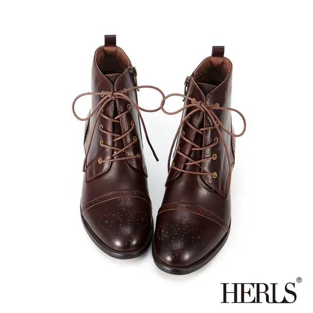 【HERLS】短靴-真皮橫飾雕花綁帶牛津靴短靴(深棕色)