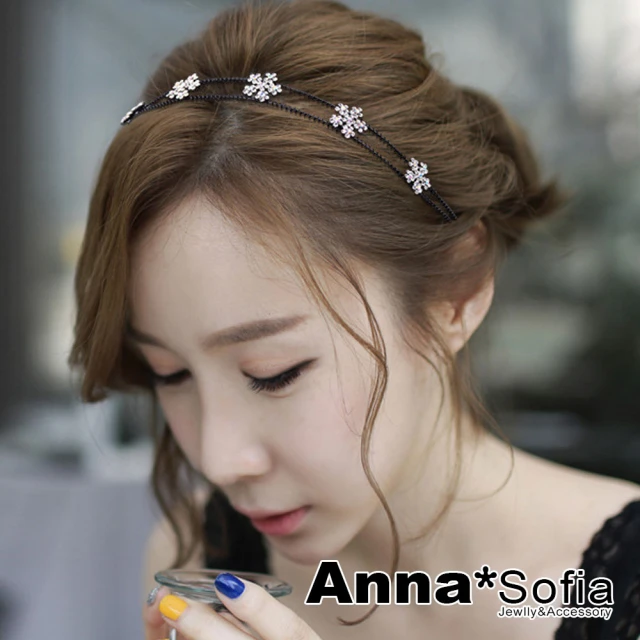 【AnnaSofia】韓式髮箍髮飾-雙璇線花雪晶 現貨(黑系)