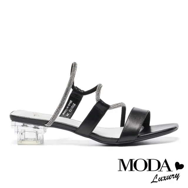 【MODA Luxury】時尚品味燙鑽條帶透明造型低跟拖鞋(黑)