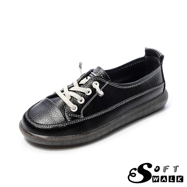 【SOFT WALK 舒步】真皮復古帆布鞋型個性休閒厚底鞋(黑)