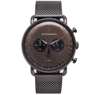 【EMPORIO ARMANI】圓弧立體感雙眼計時功能米蘭錶帶手錶-咖啡色面/42mm(AR11141)