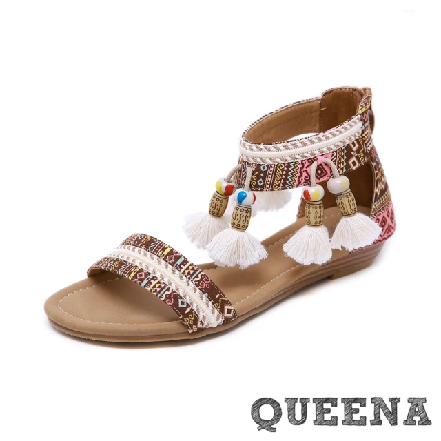 【QUEENA】復古民族風圖樣一字帶流蘇串珠造型低跟涼鞋(白)
