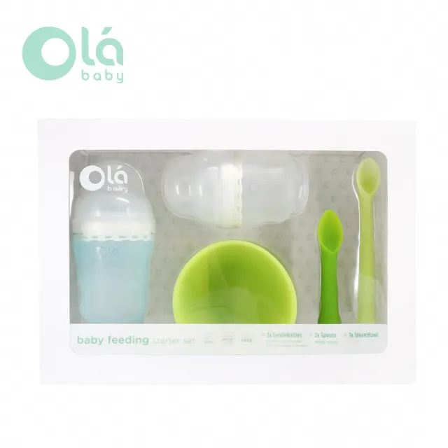 【Olababy】小幼苗新生哺育禮盒/彌月禮盒/成長禮盒/新生兒禮盒(矽膠奶瓶/學習餐具/湯匙/碗)
