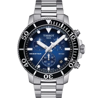 【TISSOT 天梭 官方授權】Seastar 1000海星水鬼300米潛水三眼計時錶-45.5mm/藍(T1204171104101)