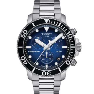 【TISSOT 天梭 官方授權】Seastar 1000海星水鬼300米潛水三眼計時錶-45.5mm/藍 畢業 禮物(T1204171104101)