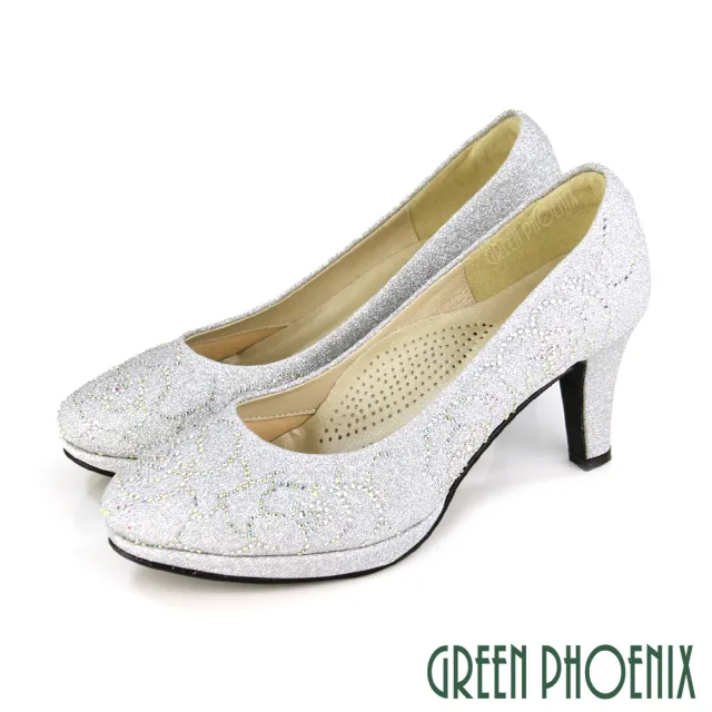 【GREEN PHOENIX 波兒德】女款台灣製璀璨金蔥壓克力水鑽全真皮高跟鞋/婚鞋/新娘鞋(金色、銀色)