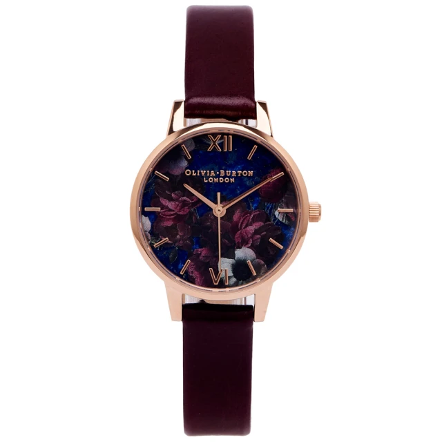 【Olivia Burton】愛戀紫色花朵皮革錶帶手錶-花朵面/30mm(OB16SP10)