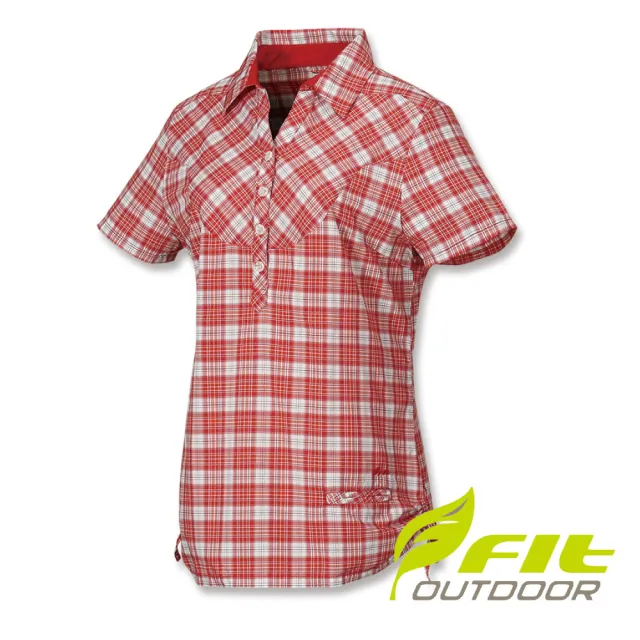 【Fit 維特】女-格紋吸排抗UV短袖襯衫-魅力紅 FS2201-14(短袖襯衫/抗UV/透氣)
