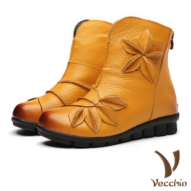 【Vecchio】真皮頭層牛皮立體葉片花朵厚底短靴(黃)