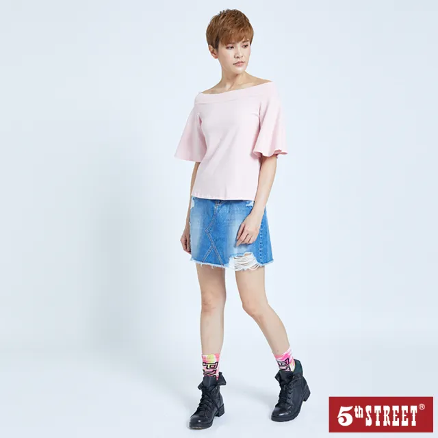 【5th STREET】雙11 女裝 短袖 短t 上衣 t恤 TEE 平肩 粉紅(570753)