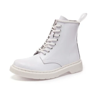 【SOFT WALK 舒步】歐美經典款8孔綁帶真皮馬丁靴 短靴 工程靴(純白)