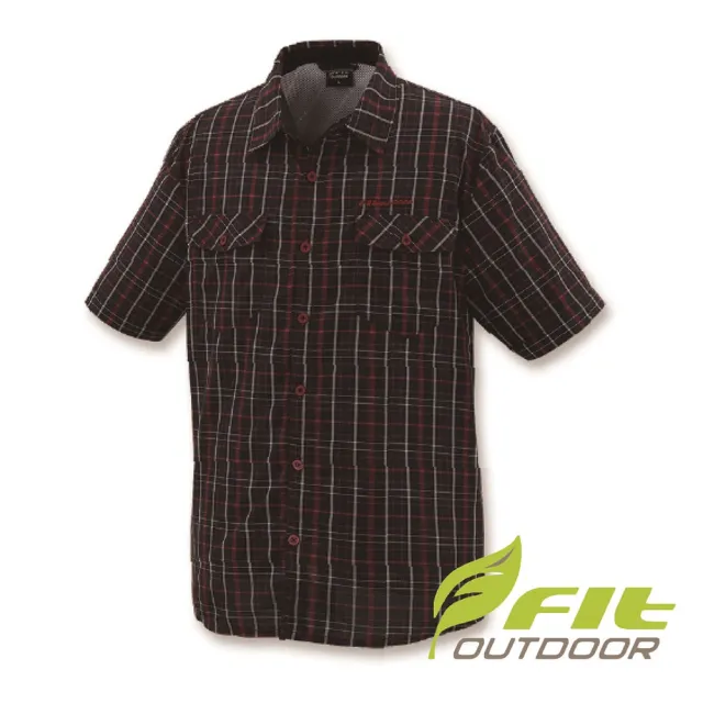 【Fit 維特】男-吸排格紋短袖襯衫-經典黑 IS1203-79(透氣合身/貼身/短袖上衣/休閒)
