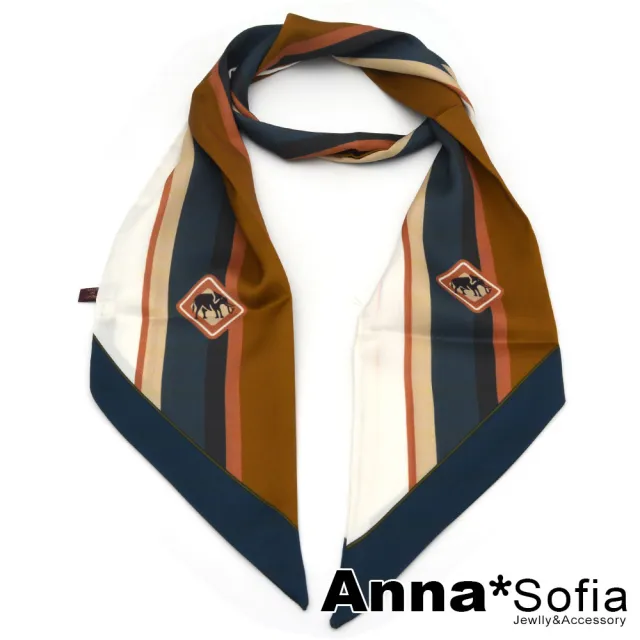 【AnnaSofia】仿絲領巾絲巾圍巾-條紋象影斜角 窄版緞面 現貨(黃褐藍系)