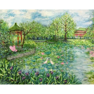【豐財藝術】Botanical Garden With Egret   植物園與白鷺鷥 能量真跡油畫(印象派油畫藝術收藏首選)