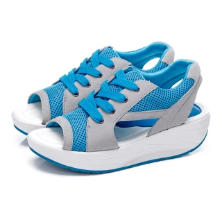 【YOBAR】運動風網紗透氣設計款反絨皮搖搖涼鞋(藍)