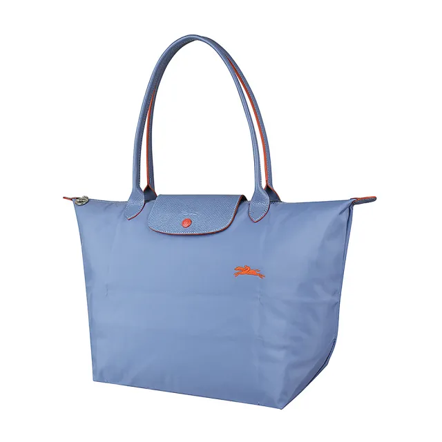 【LONGCHAMP】LONGCHAMP COLLECTION刺繡LOGO尼龍摺疊款長把拉鍊肩背包(大/霧藍x橘)