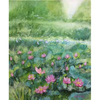 【豐財藝術】Joy of lotus egret 荷花白鷺鷥的喜悅 能量真跡油畫(印象派油畫藝術收藏首選)