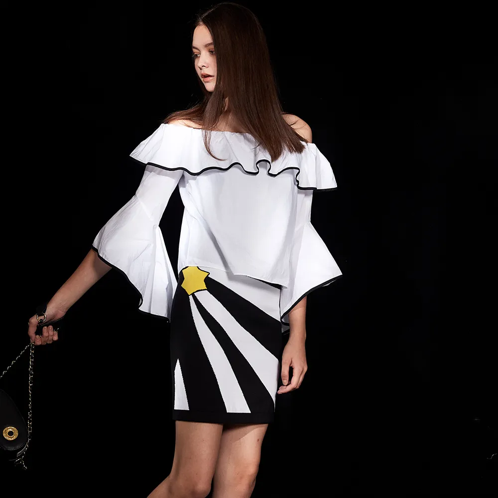 【ICHE 衣哲】時尚黑白放射撞色印花鉛筆造型針織短裙-黑