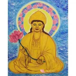 【豐財藝術】Namo Avalokiteshvara 紅蓮寶冠觀世音菩薩能量真跡油畫(佛像油畫藝術收藏首選)