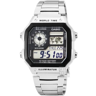 【CASIO 卡西歐】CASIO 卡西歐多時區鬧鈴電子鋼帶錶-黑(AE-1200WHD-1A)