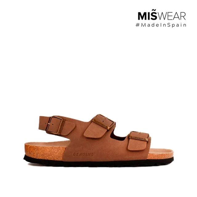 【MISWEAR】男-涼鞋-Genuins 純素皮革繫踝雙扣男士涼鞋-棕