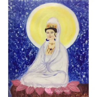 【豐財藝術】Namo Avalokiteshvara 白衣觀世音菩薩能量真跡油畫(佛像油畫藝術收藏首選)