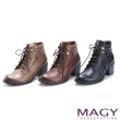 【MAGY】紐約時尚步調 復古造型綁帶真皮粗跟短靴(黑色)